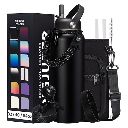 DIGJUPER 40OZ Insulated Water Bottle With Auto Spout Lids  Straw Lids  Paracord Handle for Sport  Protective Cup Mat  BPA-Free Reusable Insulated Water Bottle - Black Water Jug with Straw